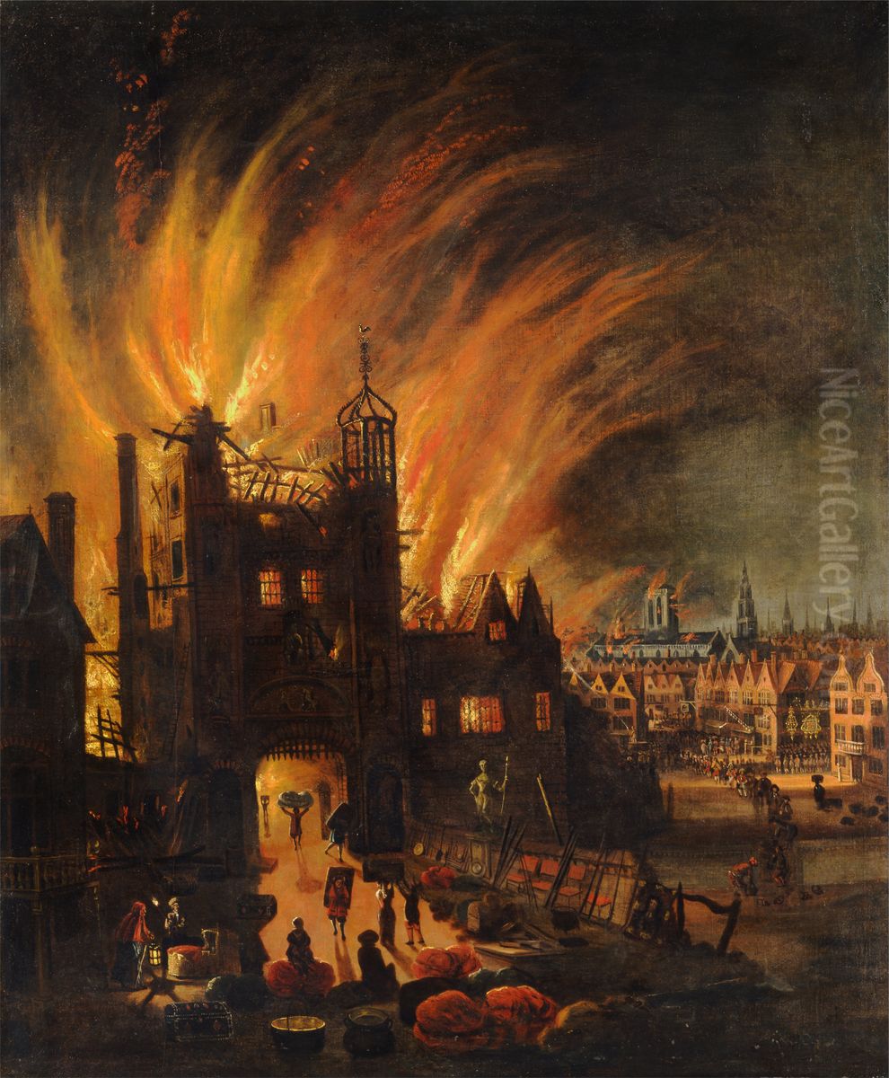 The Great Fire of London, with Ludgate and Old St Paul's Oil Painting by unknown