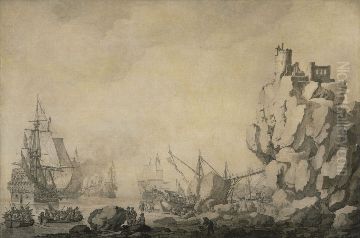 Ships and Militia by a Rocky Shore Oil Painting by Willem van de, the Elder Velde