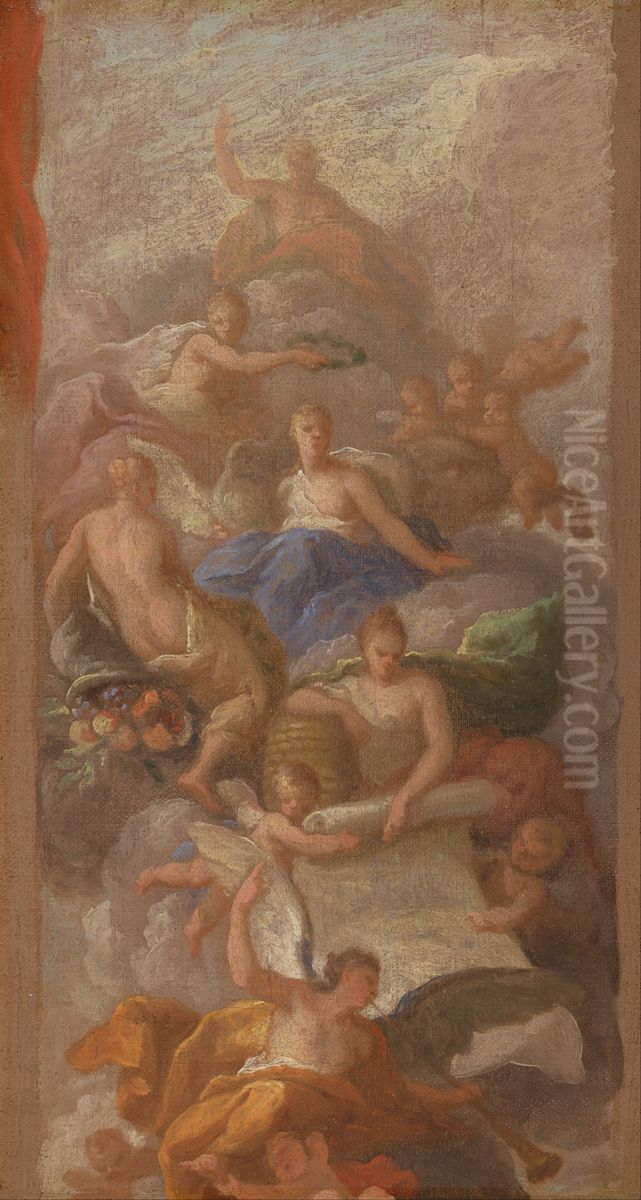 A Sketch of Gratitude Crowned by Peace, with Other Allegorical Figures of Industry, Fame and Plenty Oil Painting by James Thornhill