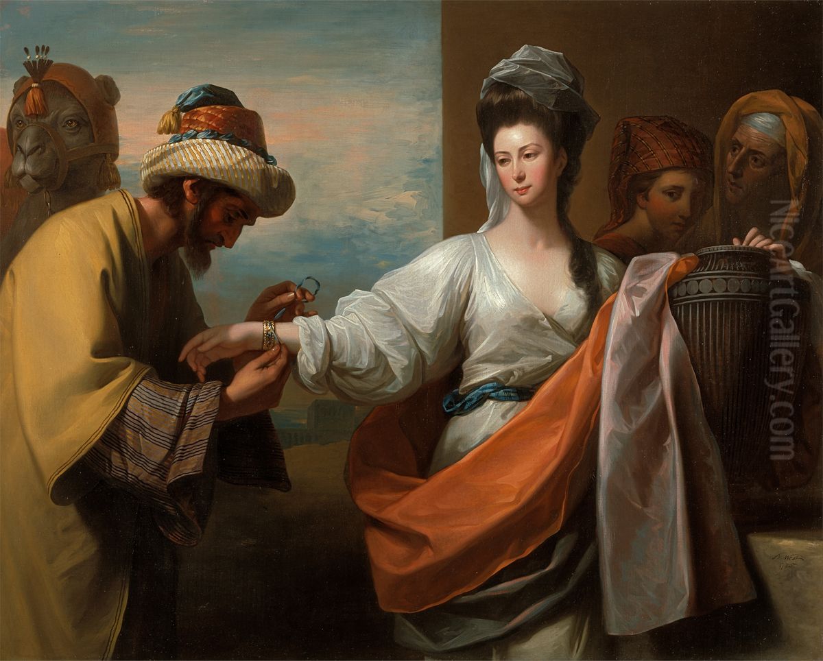Isaac's servant tying the bracelet on Rebecca's arm Oil Painting by Benjamin West