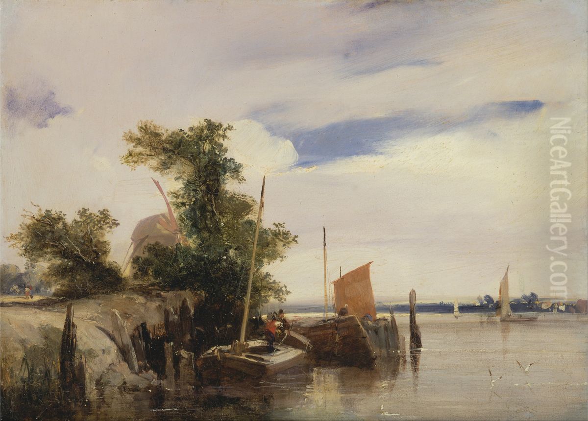 Barges on a River Oil Painting by Richard Parkes Bonington
