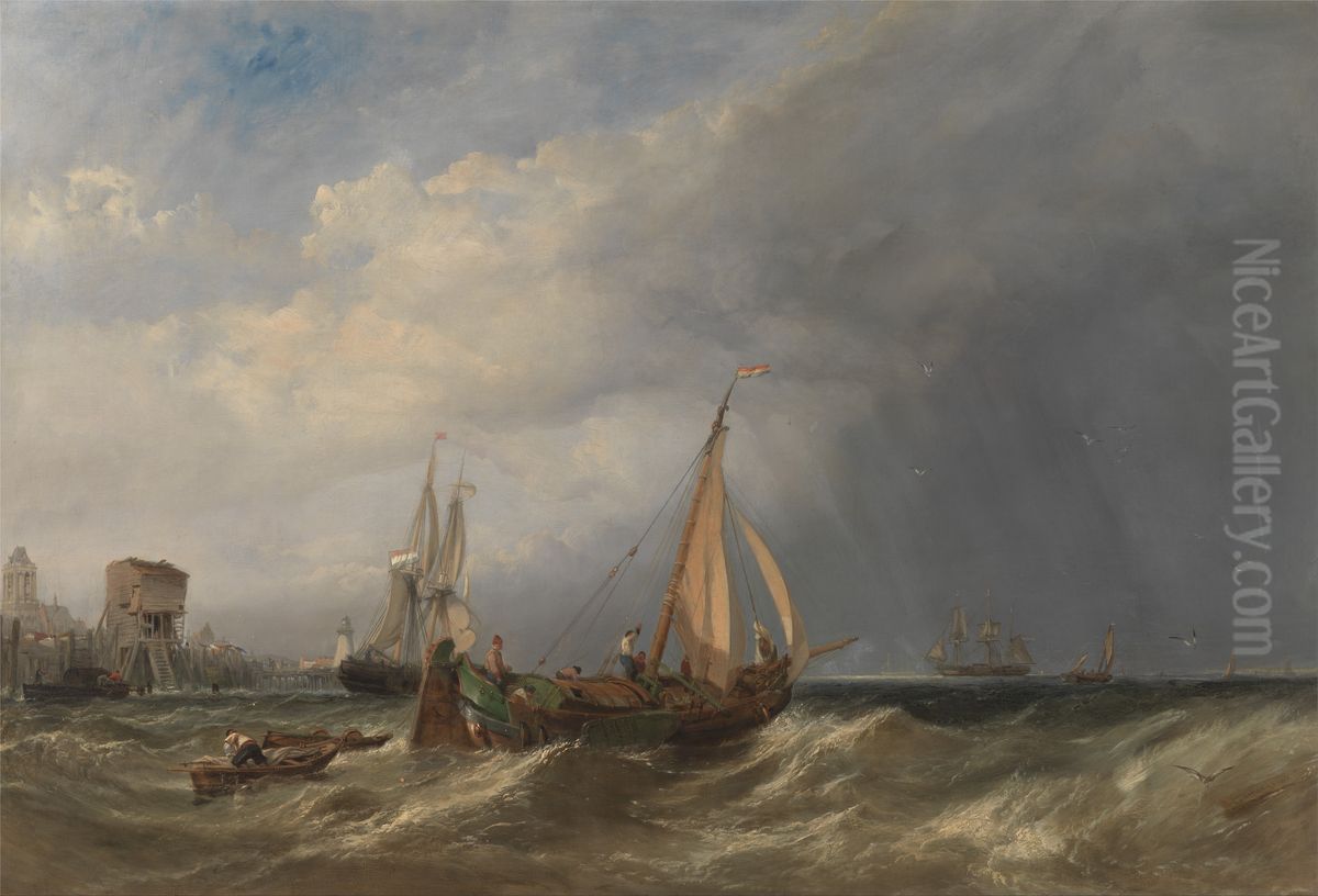 A Dutch Barge and Merchantmen Running out of Rotterdam Oil Painting by Clarkson Frederick Stanfield