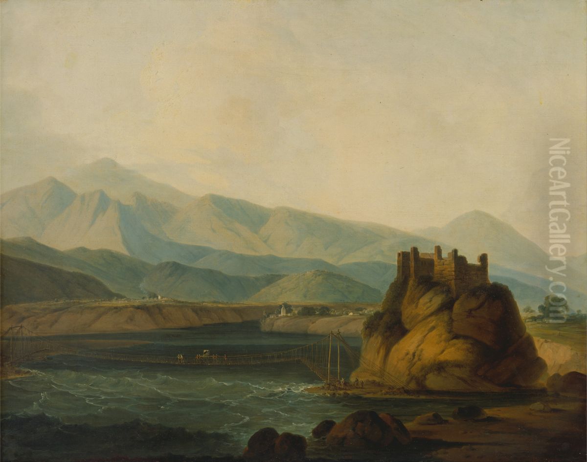 The Rope Bridge At Sirinagur Oil Painting by Thomas Daniell
