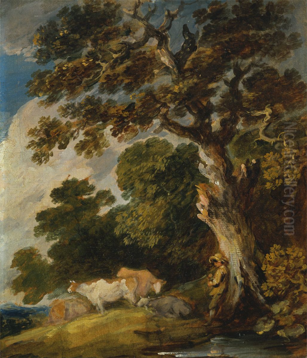 A Wooded Landscape with Cattle and Herdsman Oil Painting by Gainsborough Dupont