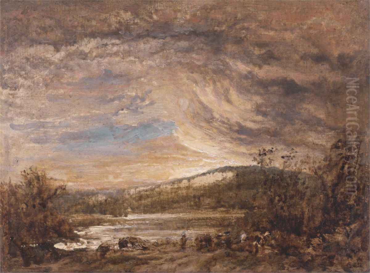 A River Landscape, Sunset Oil Painting by John Linnell