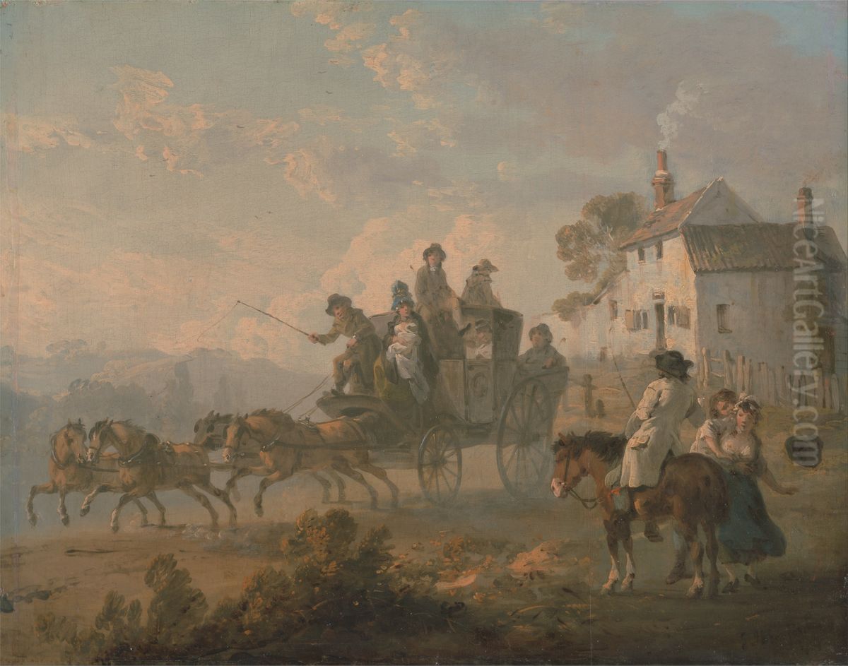 A Stage Coach on a Country Road Oil Painting by Julius Caesar Ibbetson