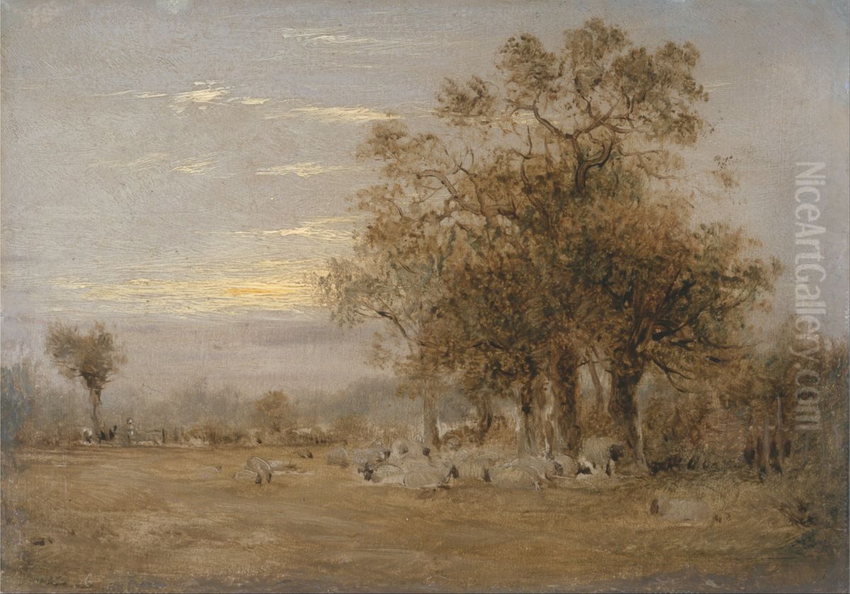 Sheep Grazing Oil Painting by John Linnell