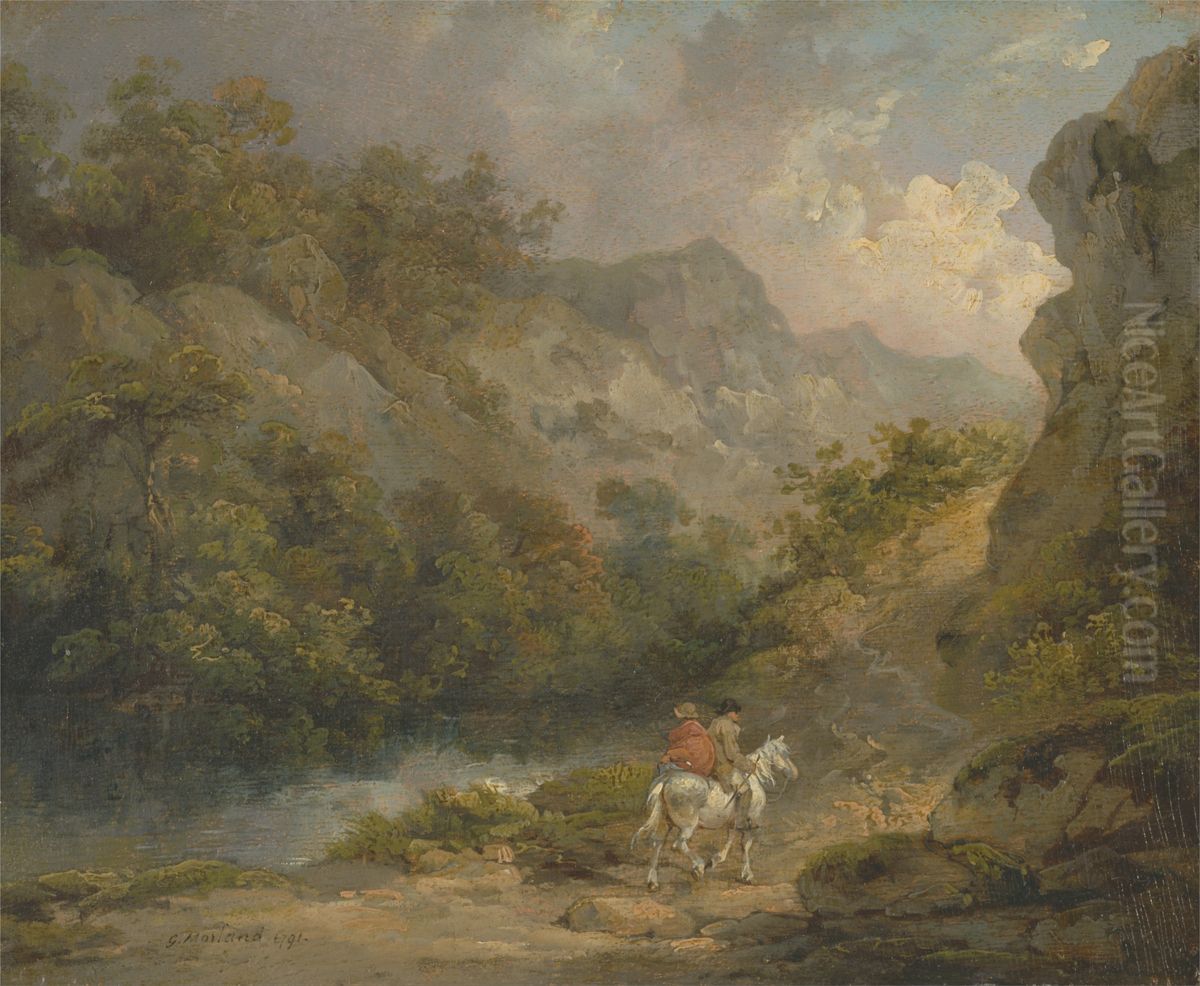 Rocky Landscape with Two Men on a Horse Oil Painting by George Morland