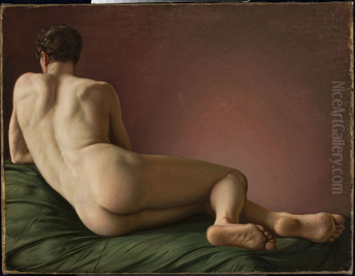 Akt meski lezacy, tylem Oil Painting by Aleksander Lesser