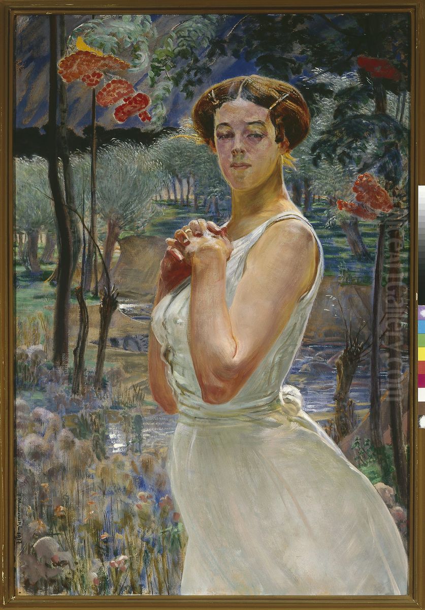 Portrait of a woman against a rowanberry grove Oil Painting by Jacek Malczewski