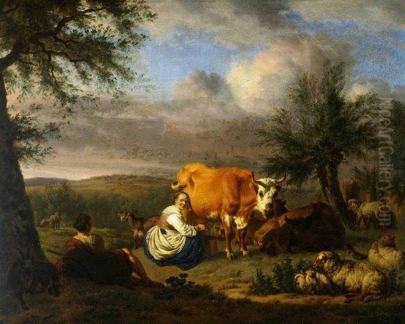 Woman Milking a Cow Oil Painting by Adriaen Van De Velde
