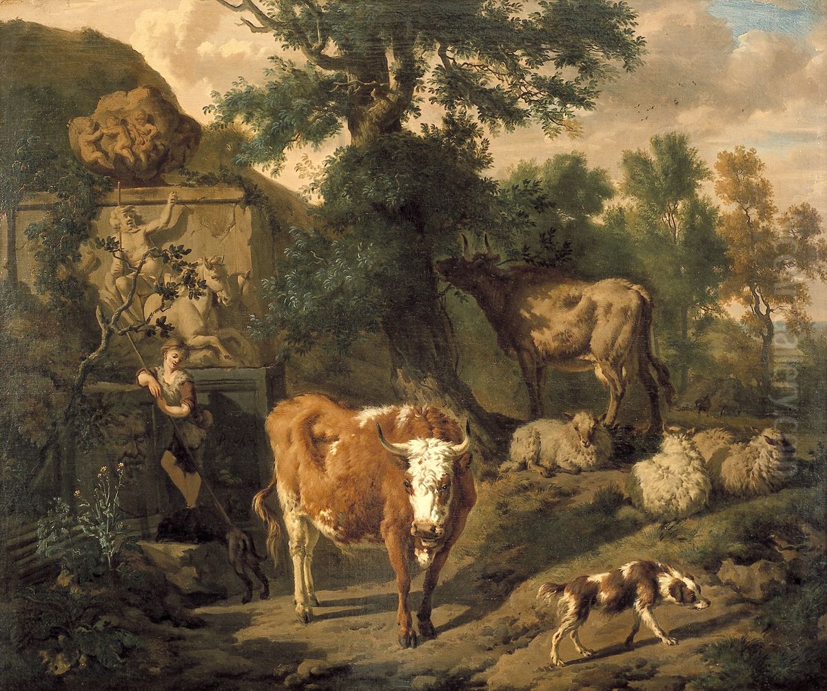 Landschap met herder en vee nabij graftombe Oil Painting by Dirck van der Bergen
