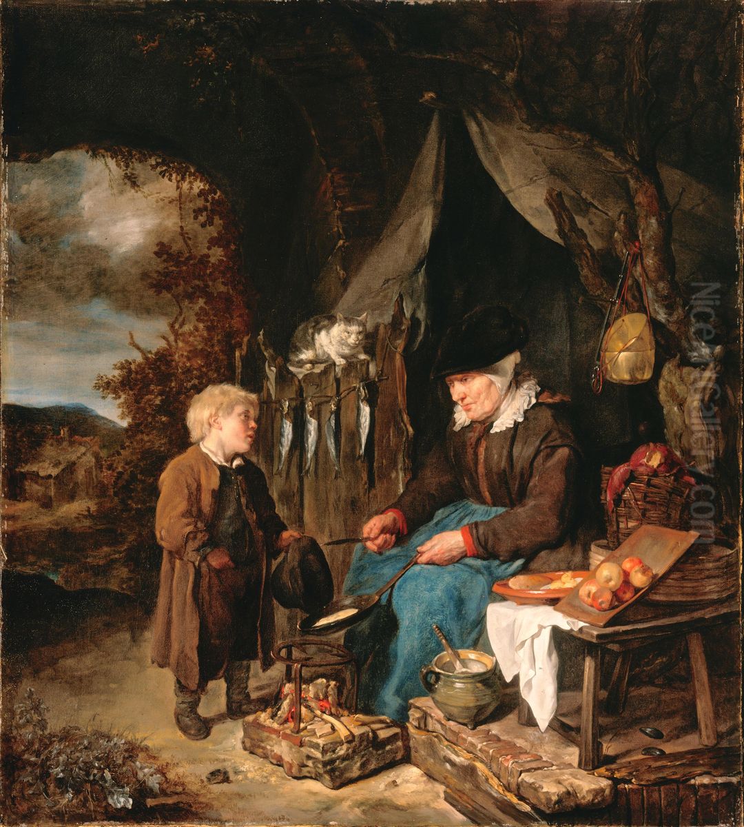 The Pancake Baker with a Boy Oil Painting by Gabriel Metsu