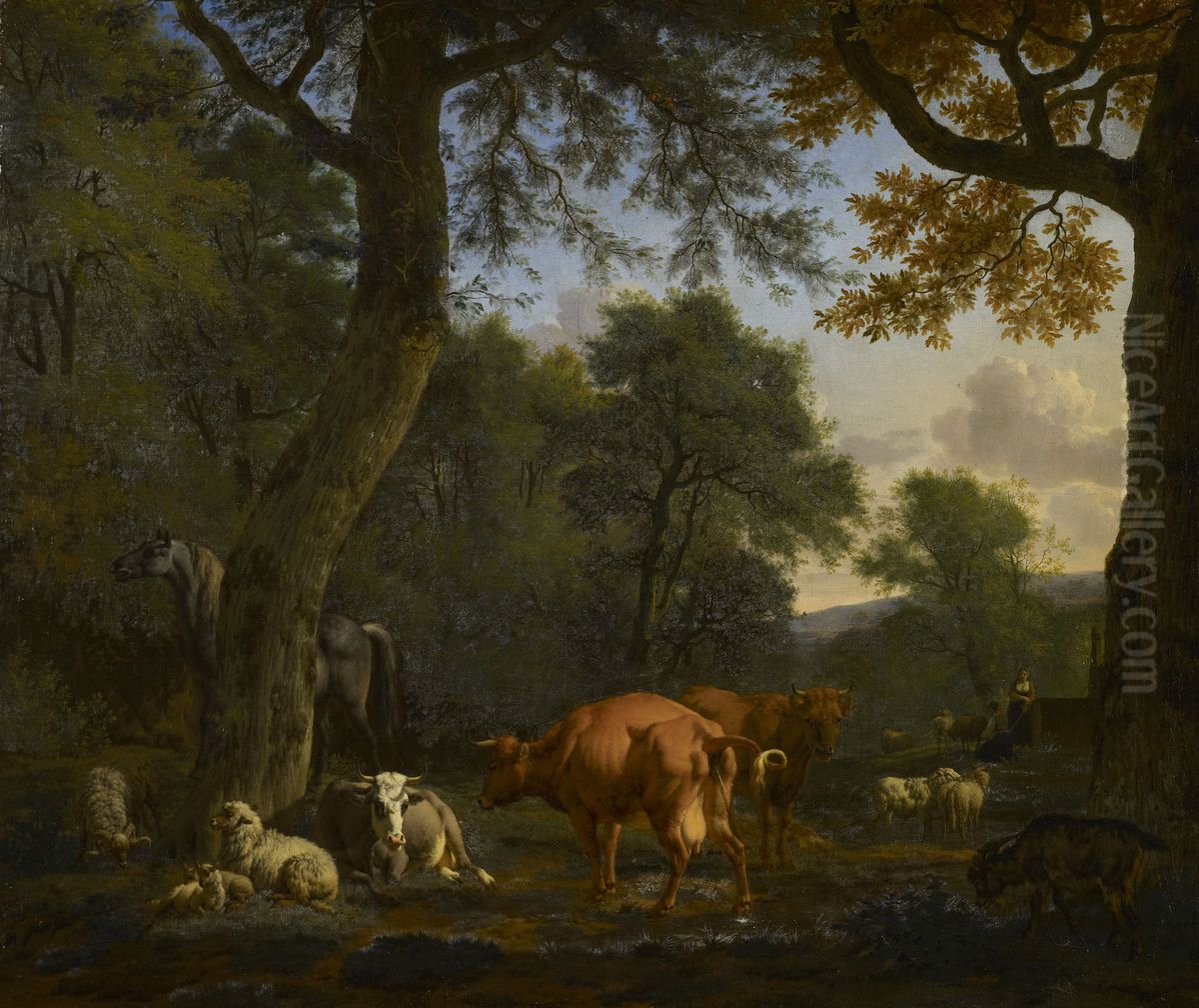 A Woodland Glade with Animals and Figures Oil Painting by Adriaen Van De Velde