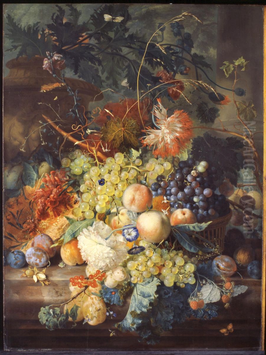 Still life of fruit and flowers on a marble ledge Oil Painting by Jan Van Huysum