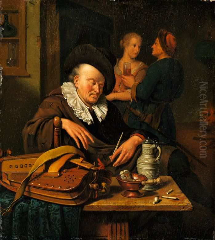 Sleeping Hurdy-Gurdy Man Oil Painting by Willem Van Mieris Leiden