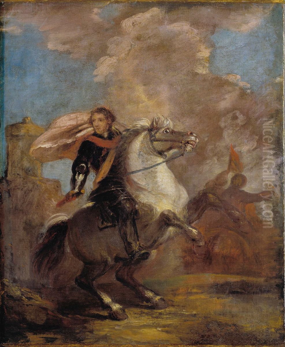 An Officer on Horseback Oil Painting by Of Sir Joshua Reynolds