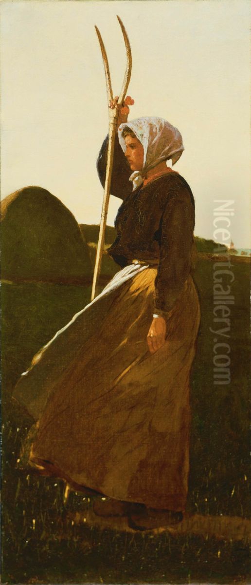 Girl with Pitchfork Oil Painting by Winslow Homer
