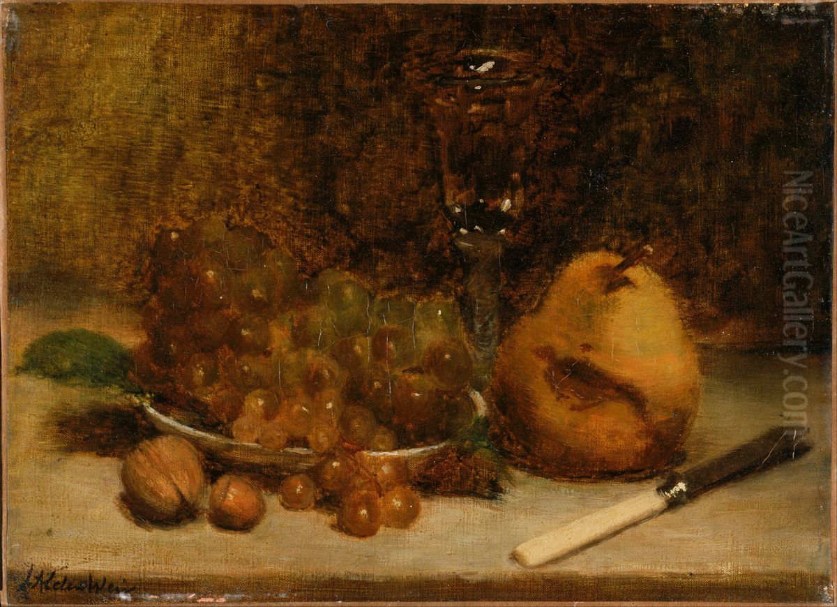 Grapes, Knife and Glass Oil Painting by J. Alden Weir