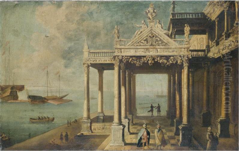 An Ottoman Scene With Turks In The Foreground, Galleys Beyond Oil Painting by Lorenzo A. Castro