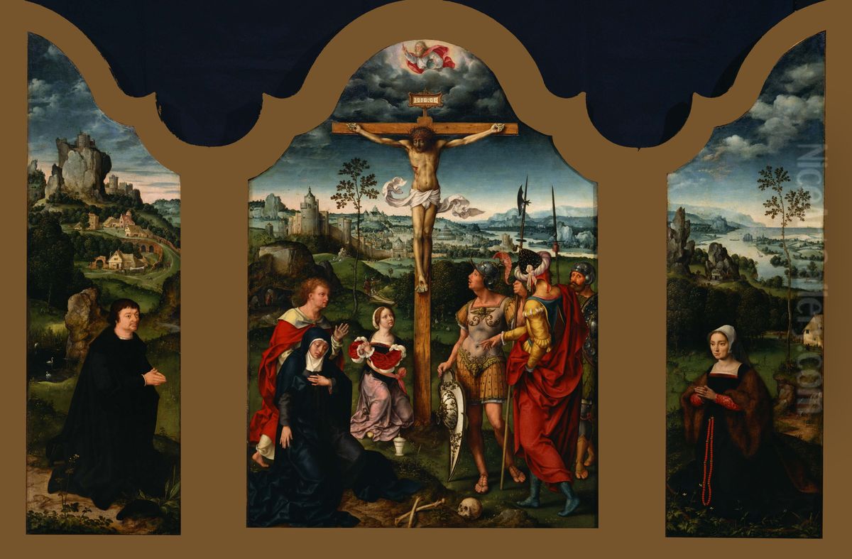 The Crucifixion Flanked by the Kneeling Donor and His Wife Oil Painting by Joos Van Cleve