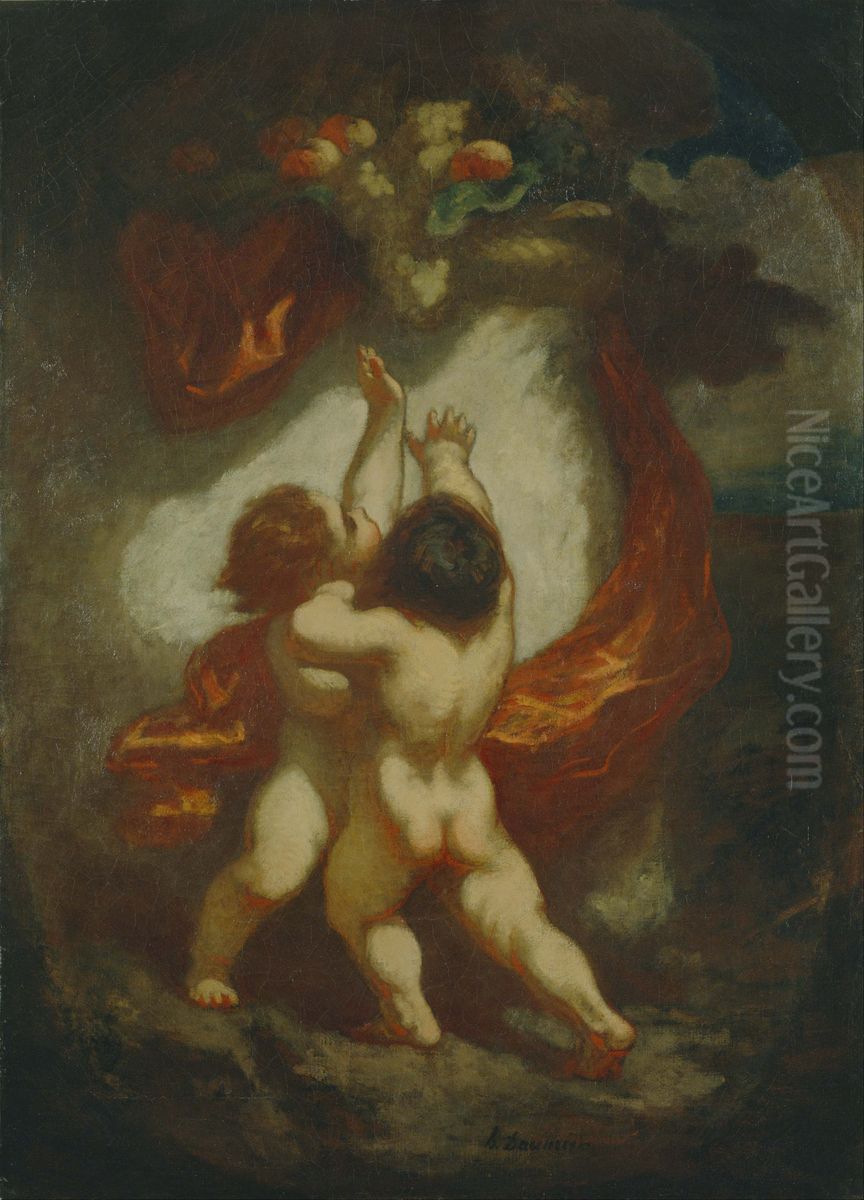Two Putti Striving for Fruits Oil Painting by Honore Daumier