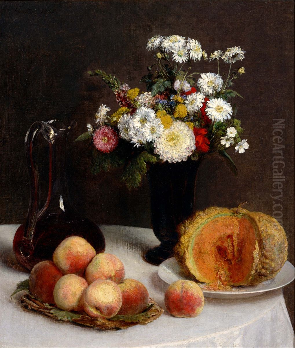 Still Life with a Carafe, Flowers and Fruit Oil Painting by Henri Fantin-Latour
