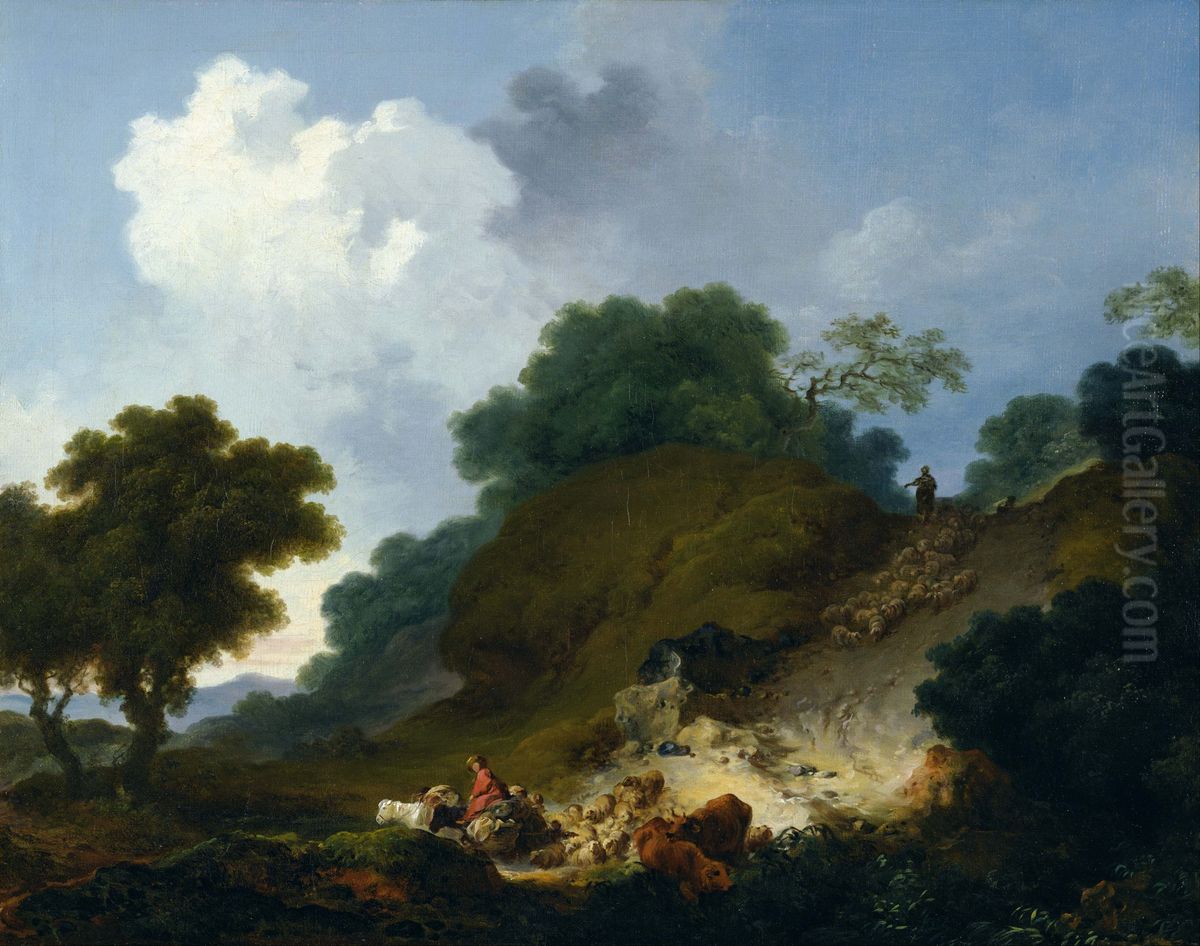 Landscape with Shepherds and Flock of Sheep Oil Painting by Jean-Honore Fragonard