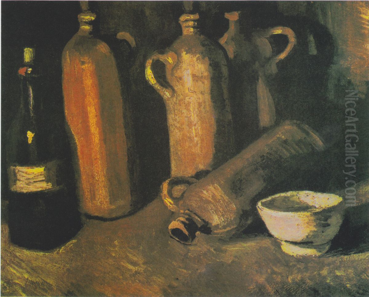 Stillleben mit vier Krugen, Flasche und weissen Napf Oil Painting by Vincent Van Gogh