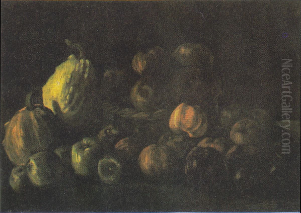Still life with apple-basket, and two pumpkins Oil Painting by Vincent Van Gogh