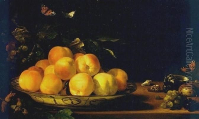 Peaches in a porcelain bowl Oil Painting by Abraham Van Calraet