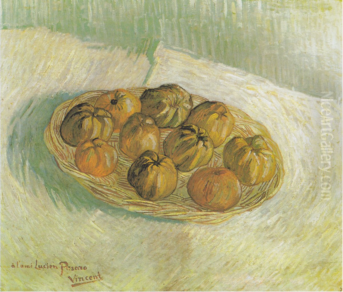 Stillleben mit Apfelkorb (Lucien Pissarro gewidmet) Oil Painting by Vincent Van Gogh
