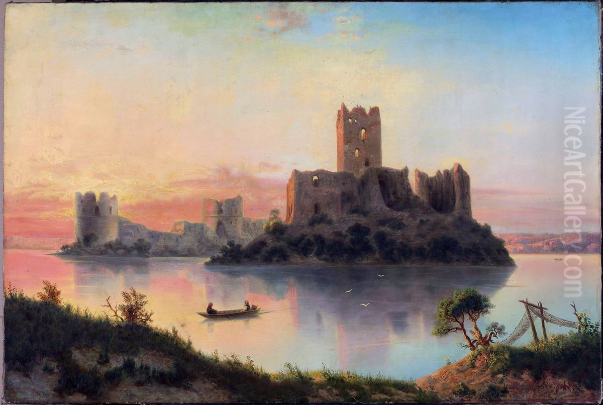 Ruins of the Trakai Island Castle at sunset Oil Painting by Jozef Marszewski