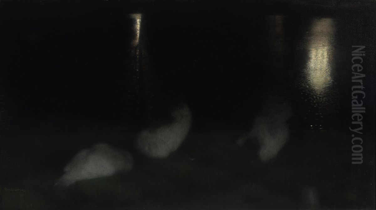 Nocturne. Swans in the Saxon Garden in Warsaw at night (Sleeping swans, Swans at night) Oil Painting by Jozef Pankiewicz