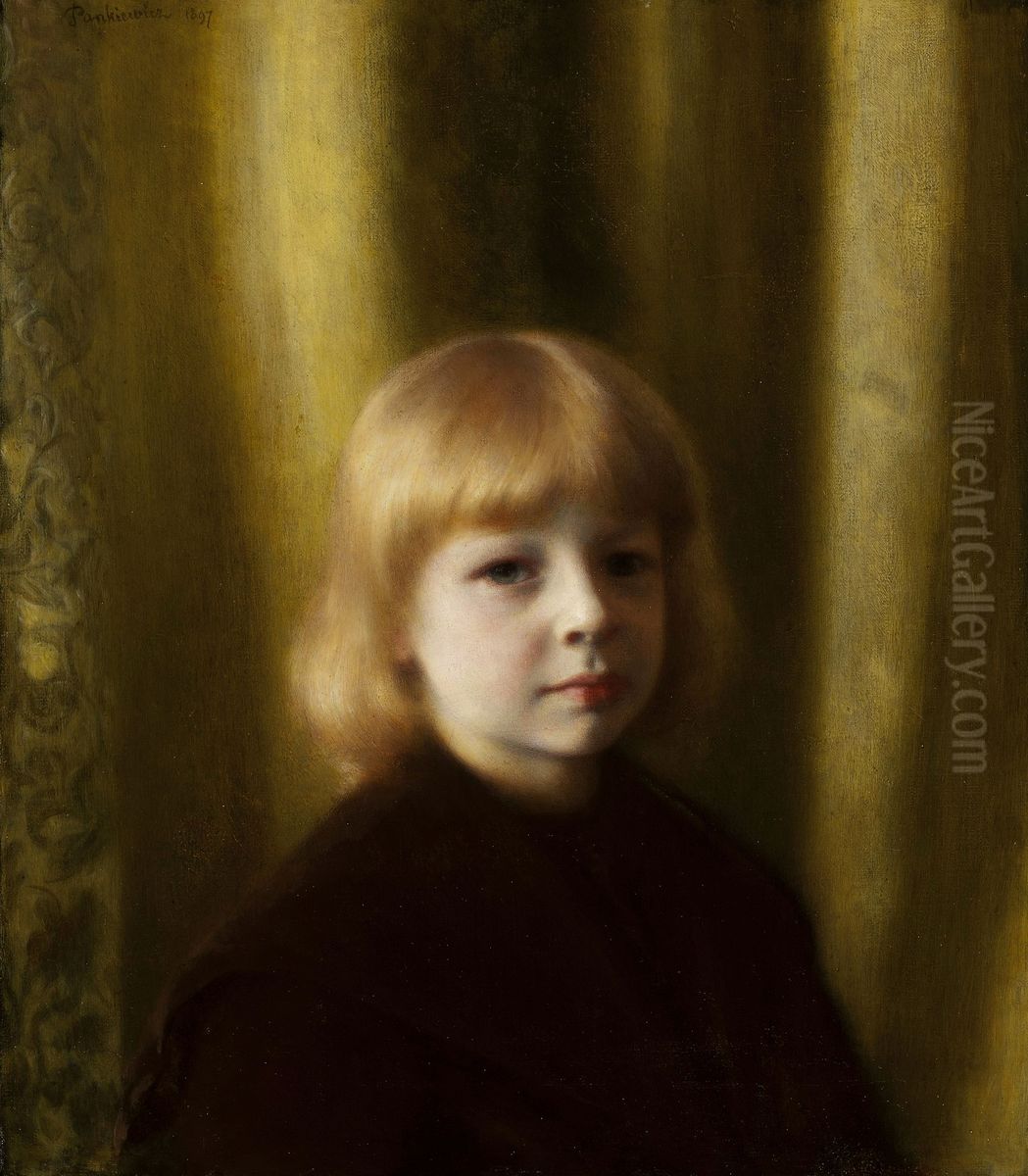 Portrait of Stefan Polczynski (Portrait of a child, Portrait of a boy against yellowish drapery) Oil Painting by Jozef Pankiewicz
