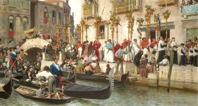 Brucke an der Riva dei Schiavoni - Eine Prozzession in Venedig Oil Painting by Ludwig Passini