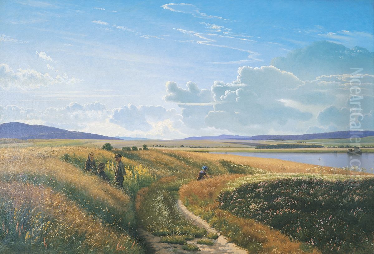 Sommerdag ved en so, i forgrunden born, der plukker blomster Oil Painting by Vilhelm Kyhn