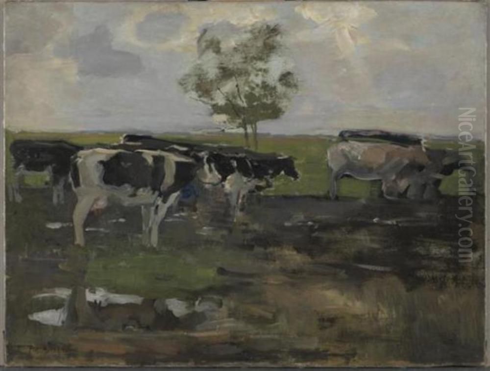 Cows in a meadow with tree Oil Painting by Piet Mondrian