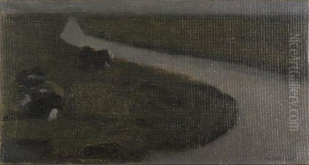 Polder landscape with irrigation ditch and two cows Oil Painting by Piet Mondrian