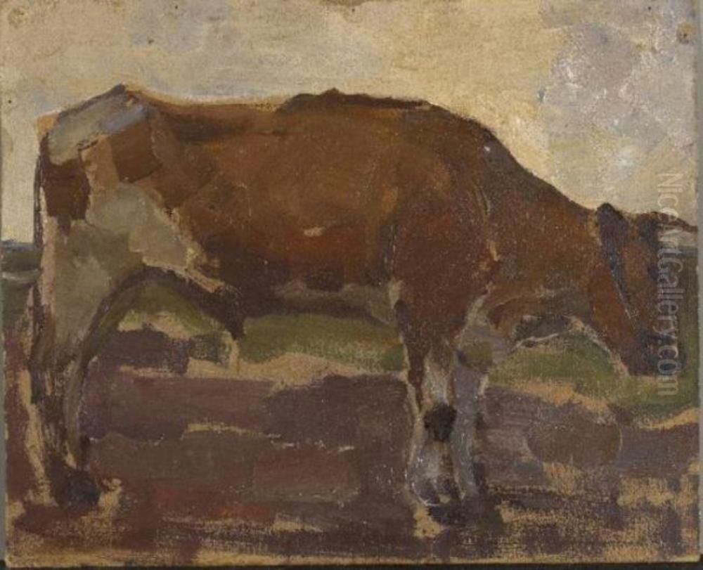 Brown and white ox steer Oil Painting by Piet Mondrian