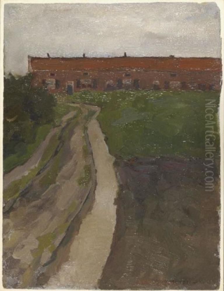Country lane with row of workers' houses Oil Painting by Piet Mondrian