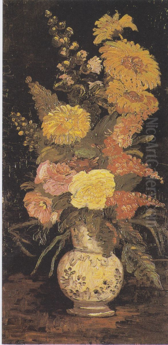 Vase with asters, salvia and other flowers Oil Painting by Vincent Van Gogh