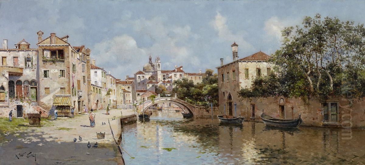 Venetian Canal Oil Painting by Antonio Reyna Manescau