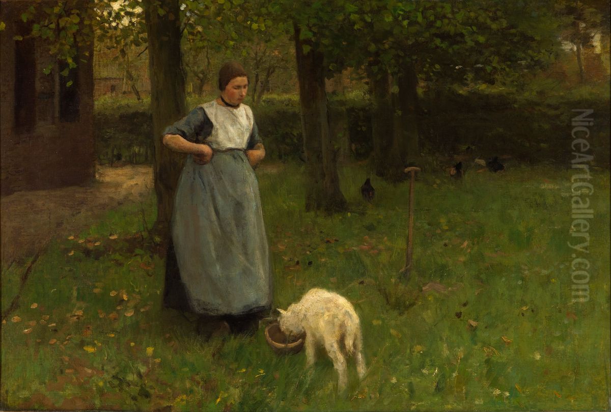 Woman from Laren with lamb Oil Painting by Anton Mauve