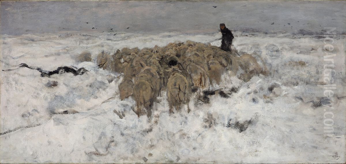 Flock of sheep with shepherd in the snow Oil Painting by Anton Mauve