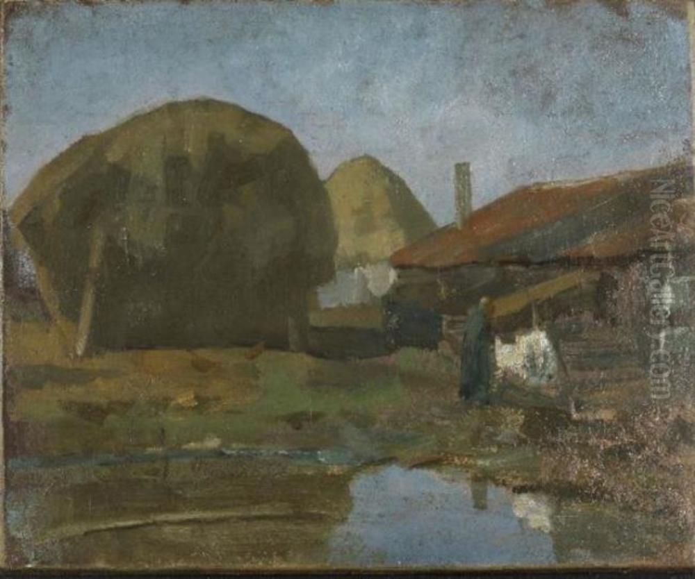 Boerderij met boerin aan de was Oil Painting by Piet Mondrian
