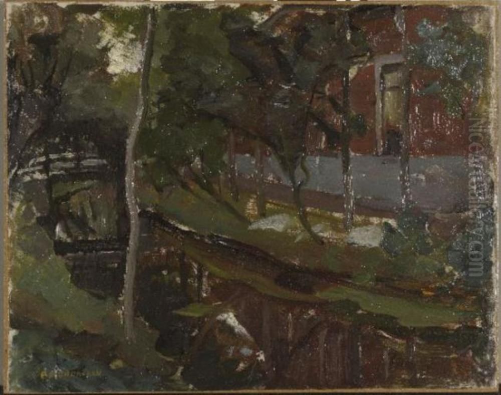 Curved canal with farm building at right Oil Painting by Piet Mondrian