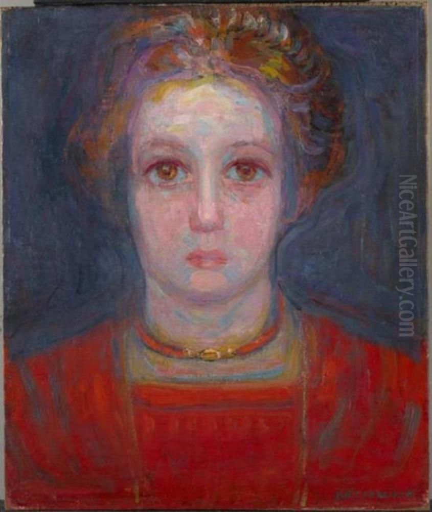 Portrait of a girl in red Oil Painting by Piet Mondrian