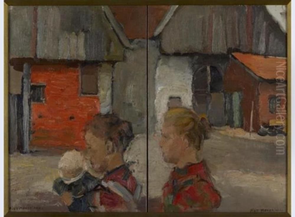 Rear gables of farm buildings with figures Oil Painting by Piet Mondrian
