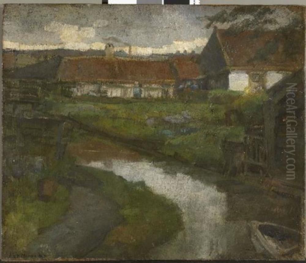 Farmstead and irrigation ditch with prow of rowboat Oil Painting by Piet Mondrian